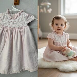 Vintage Southern-style Mayoral Baby Girl Pink Gingham Lace Dress 12M